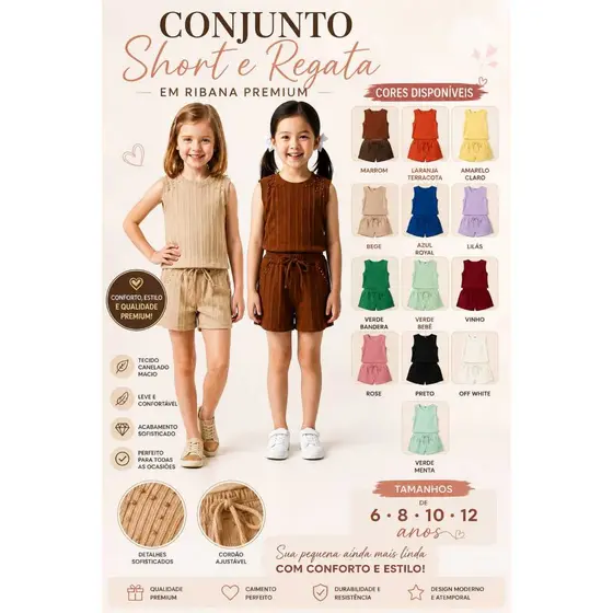 Conjunto Feminino Infantil com Regata e Short com Pérolas  em Tecido Canelado
