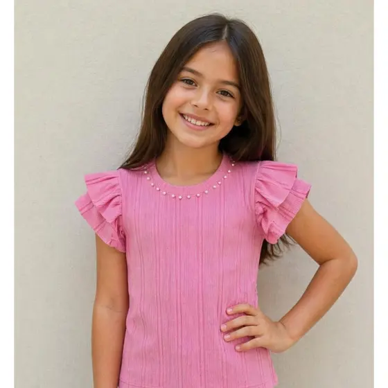 Blusa Feminina, Infantil, Manga Babado, Pérolas em Tecido Malha Ana Ruga Disponível em Várias Cores