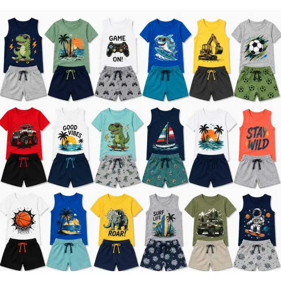 Kit de 2, 4, 6 ou 10 Peças Roupa Infantil Menino Conjunto Verão Criança Masculino Tamanho 1 ao 16