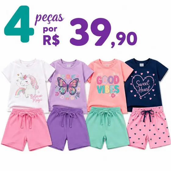 Kit 4 Peças de Conjuntos Verão Menina Infantil e Juvenil Tamanho 01 ao 14 anos