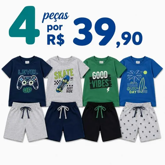 Kit 4 peças Conjunto Verão Infantil e Juvenil Masculino 2 Conjuntos Menino Tamanho 01 ao 14