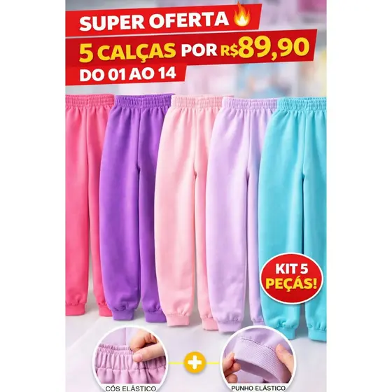 Kit 5 Calça Moletom Infantil Apeluciada Menina, com Punho 1 a 16 anos