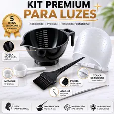 KIT PREMIUM PARA LUZES – 5 ITENS ESSENCIAIS : Tigela graduada 450ml + Pincel + Medidor 10g + Touca de silicone + Agulha