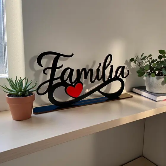 Placa Decorativa Familia MDF Coração Bancada Mesa Prateleira Enfeite Presente Casa Decoração