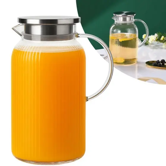 Jarra Borossilicato 1,6L Vidro Canelada Tampa de Aço Inox Hermética para Água Suco Bar Restaurante