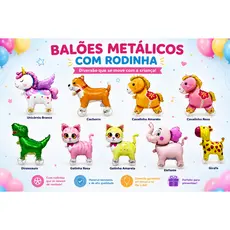 Balão Metalizado com Rodinhas Animais Fofo Infantil Para Festa Aniversário Andador