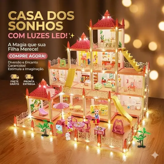 Casa Casinha Castelo De Boneca Gigante 4 Andares 11 Cômodos Com Luz LED E Móveis Luxo