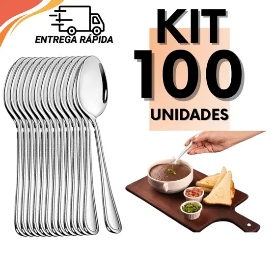 Kit 100 Colheres Inox para Uso Profissional Restaurantes, Pizzarias, Casa Sopas e Refeições
