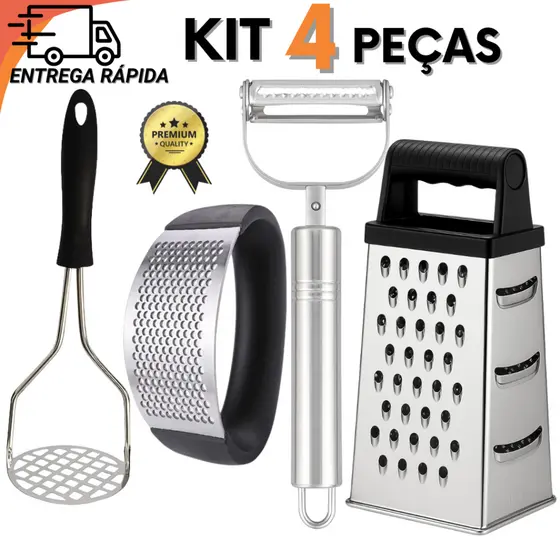 Kit Cozinha Prática 4 Peças Inox Amassador de Alho e Batata, Ralador e Peneira