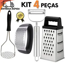 Kit Cozinha Prática 4 Peças Inox Amassador de Alho e Batata, Ralador e Peneira