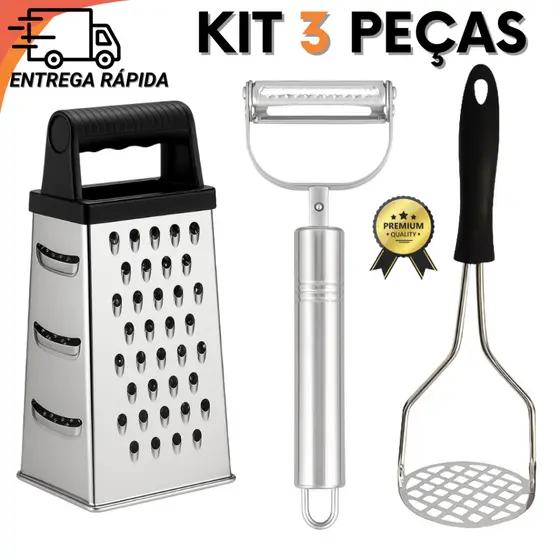 Kit 3 Peças Utensílios de Cozinha Inox Ralador 4 Faces Amassador de Alho e Amassador de Batata