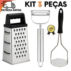 Kit 3 Peças Utensílios de Cozinha Inox Ralador 4 Faces Amassador de Alho e Amassador de Batata