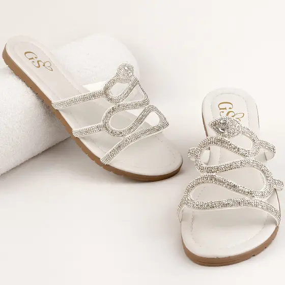 Sandália Rasteirinha Feminina Com Brilho e Strass Confortavel Leve e Macia Off-White