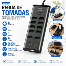 Régua de Tomadas 10 Saídas 3 USB 3 USB-C Filtro de Linha Extensão Elétrica 2 Metros Bivolt 2500W Casa Escritório