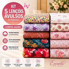 Kit 5 Lençóis Avulsos Estampados Sem Elástico Bainha Solteiro Casal Queen King Toque Macio sem bolinhas Não Desbota