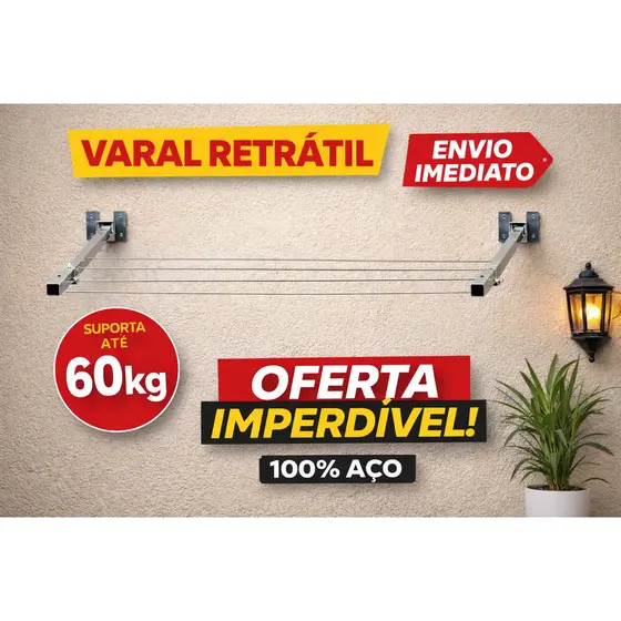 Varal Retrátil Parede 100% Alumínio Suporte Resistente até 60kg - Envio Imediato