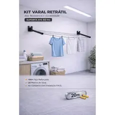 Varal De Roupa 60Kg Retrátil Parede Muro Apartamento Casa Até 4MT - PRETO - MODELO RETRATIL -   FRIO