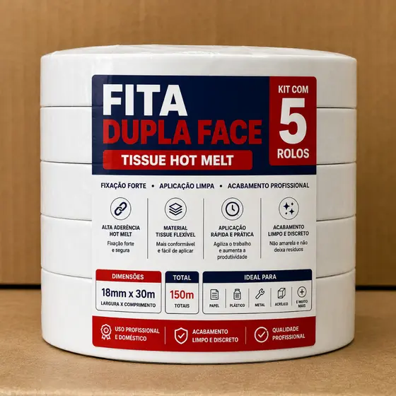 Fita Adesiva Dupla Face Forte 18mmx30m Kit 5 Rolos Alta Fixação  Decoração Escritório Artesanato