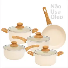 Jogo Panelas 5 Pecas Antiaderente Inducao Com Tampa De Vidro Revestimento Ceramico