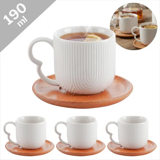 Conjunto 4 Xícaras Oásis Cerâmica Canelada 190ml Pires Bambu Madeira Para Café Chá Capuccino