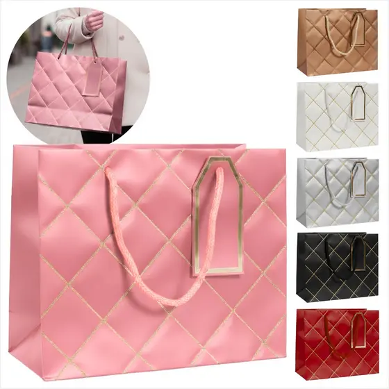 Jogo de Bolsa Grande Embalagem para Brinde Kit 12 Sacolas Papel Premium Texturizada Luxo Alça e Etiqueta