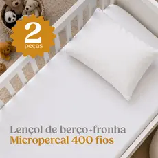Lençol Berço Americano 400 Fios Micropercal com Elástico + Fronha Bebê Antialérgico Branco Super Macio