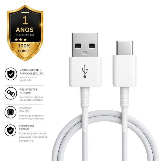 Cabo Carregador Tipo C Turbo 60w PD Usb C Original de Carregamento Rápido e Dados