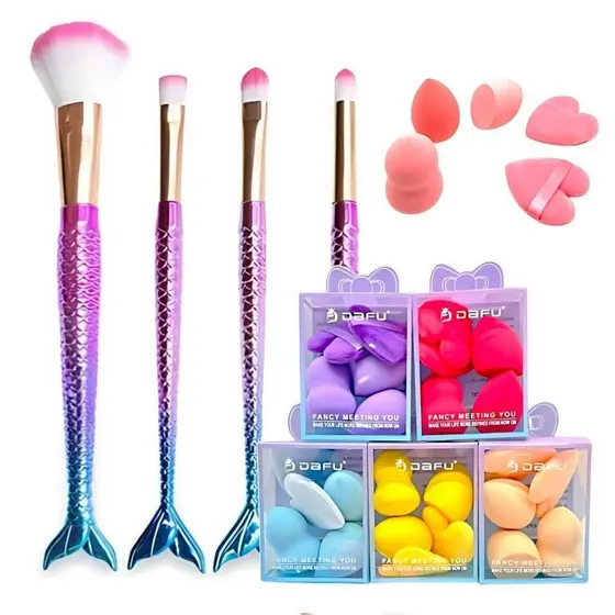 Kit 4 pincéis para maquiagem cauda de sereia + kit esponjas | uso profissional e doméstico