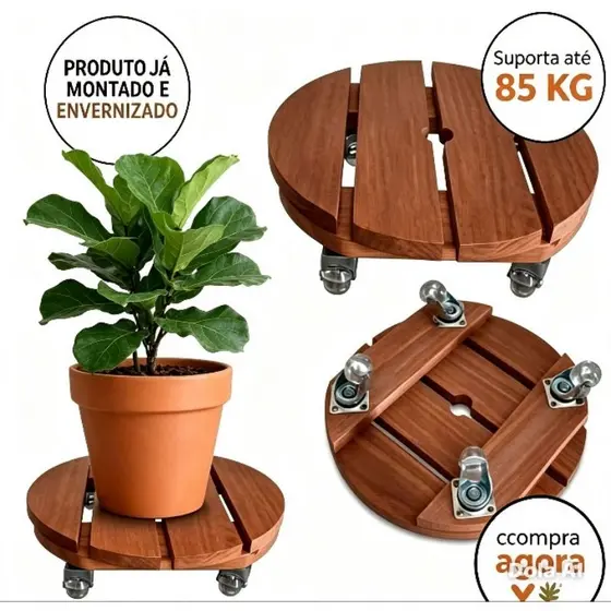 Suporte Redondo Para Vaso De Planta Peroba com Rodinhas De Silicone, Botijão De Gás