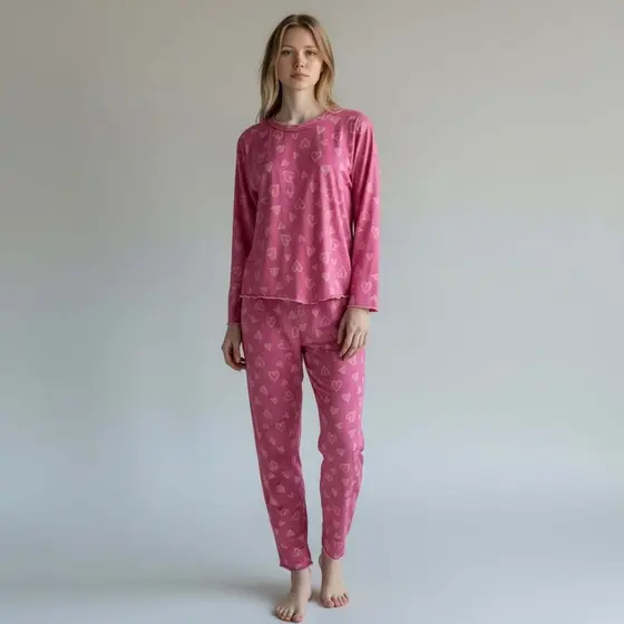 Pijama adulto malha  suede com calça e manga comprida de inverno