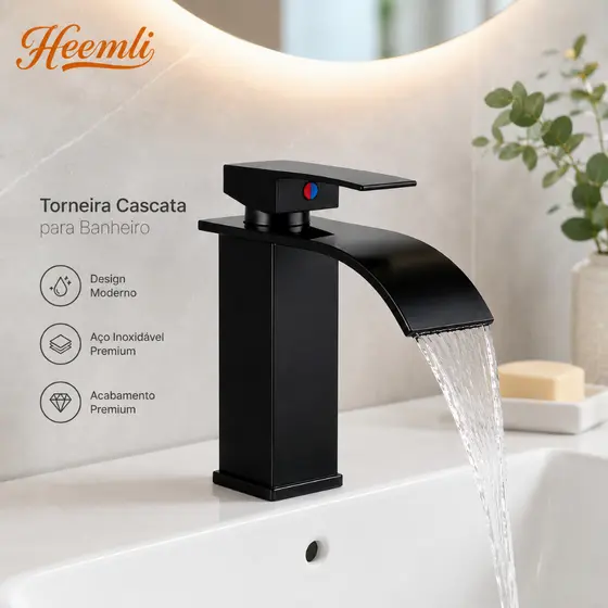Heemli Torneira Cascata Monocomando Banheiro Água Quente E Fria Inox Preto Fosco