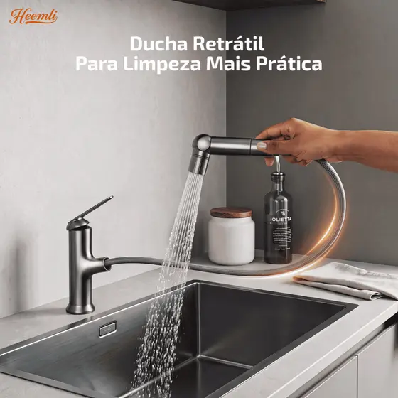 Heemli Torneira de Banheiro Extensível Água Quente e Fria 2 Modos Bico Giratório