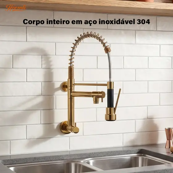 Heemli Torneira Gourmet de Parede Inox 304 Para Cozinha Com Ducha Flexível Dourada