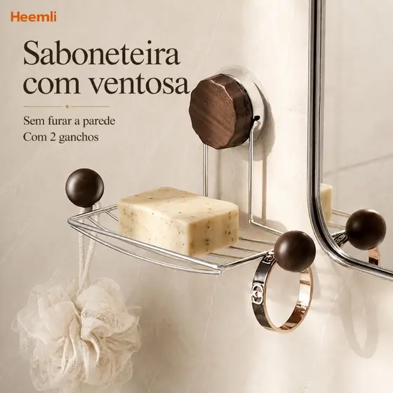 Heemli Saboneteira de Parede Inox com Ventosa 2 Ganchos Sem Furação para Banheiro e Cozinha
