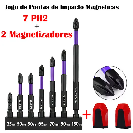 Kit 9 Bits Cruzado Magnéticos PH2 de Impacto Anti Derrapante Encaixe Preciso Anti choque Philips