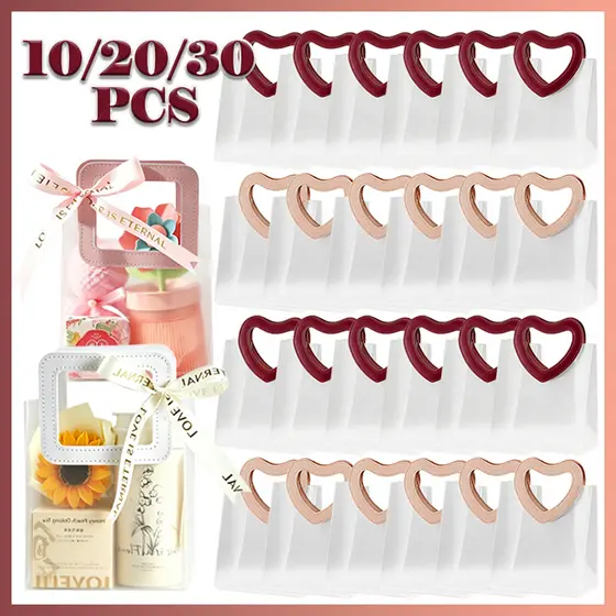 10/20/30 pcs sacola de presente pvc fosca transparente, alça coração ou quadrada, várias cores, ideal para lembrancinhas