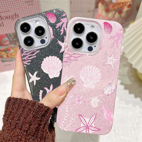 Marítima Conchas e Estrelas Brilho Rosa Capa Capinha Para iPhone 17 Ar 16 15 14 Plus 13 12 11 Pro Max XR Anti-Impacto