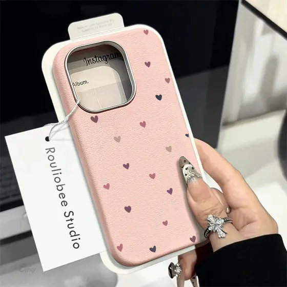 Capa Capinha Para iPhone 14 16 15 Plus 17 Air 13 12 11 Pro Max Amor Coração Textura de Couro