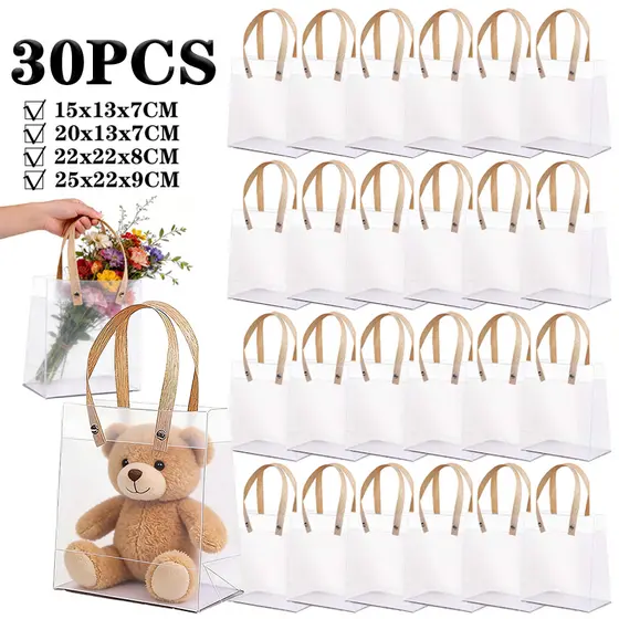 10/20/30 PCS Sacola Transparente Fosca de PP com Alça Kraft para Presentes Decoração Lembrancinha