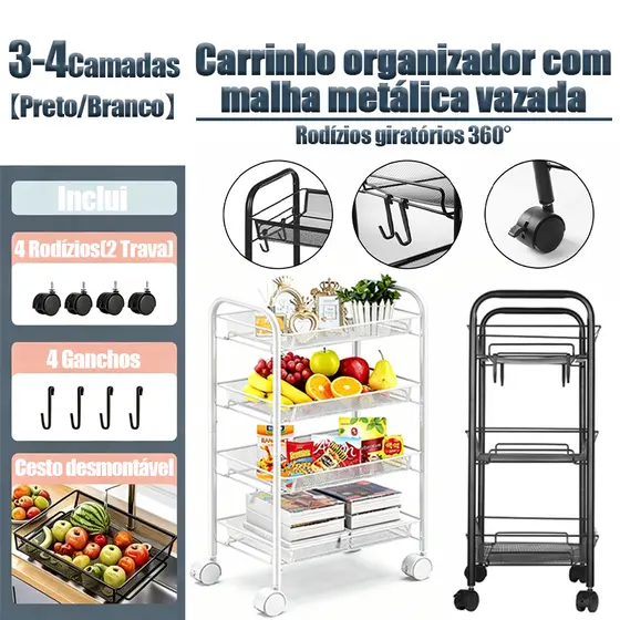 Carrinho Organizador Fruteira Multiuso Em Aço 3/4 Prateleiras Com Rodinhas
