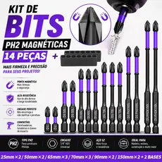 Kit 14 Bits Cruzado Magnéticos PH2 de Impacto Anti Derrapante Encaixe Preciso Anti choque Philips 25-150mm