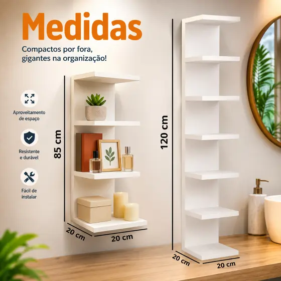 Torre de Prateleiras Branca 85cm e 120cm MDF Moderna Sapateira Multiuso Organizador