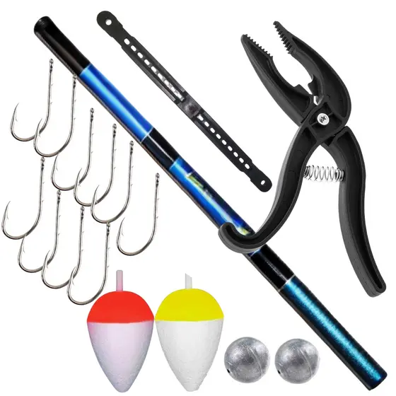 Kit Pesca Essencial Completo Vara Pesca Telescopica 2,10mts Anzois Chumbadas Boinha Enrolador de Linha Alicate Pega Peix