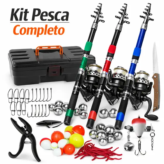 Kit Pesca Completo 3 Varas Telescópicas 3 Molinetes Maleta Iscas Anzol Boia Pesca Profissional rio lago pesqueiro