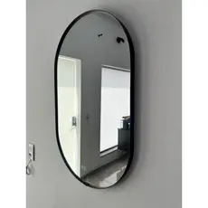 Espelho Oval com Borda em Couro Costurado e Suporte para Fixação Para Banheiro Sala Quarto