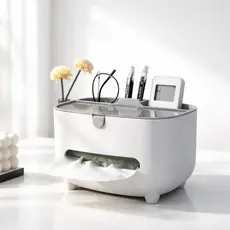 Caixa de Lenços Multifuncional Organizador 3 em 1 – Porta Objetos Elegante para Sala, Banheiro e Escritório