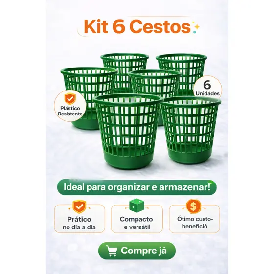 Kit 6 Cestos Telados 12L | Organizador Multiuso Resistente | Casa, Escritório e Banheiro