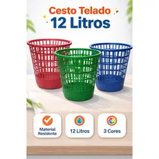 Cesto Telado 12 Litros Plástico Resistente Multiuso Lixeira Organizador Cores Sortidas