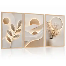 Trio de Quadros Decorativos 3D Luxo  Bege e Dourado com Ilusão de Luz | Estilo Moderno Minimalista