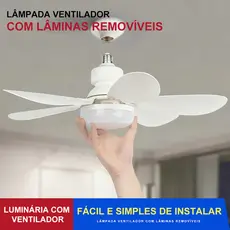 Ventilador de Teto com Luz Silencioso Controle Remoto Instalação Fácil Bivolt para Pequenos Espaços